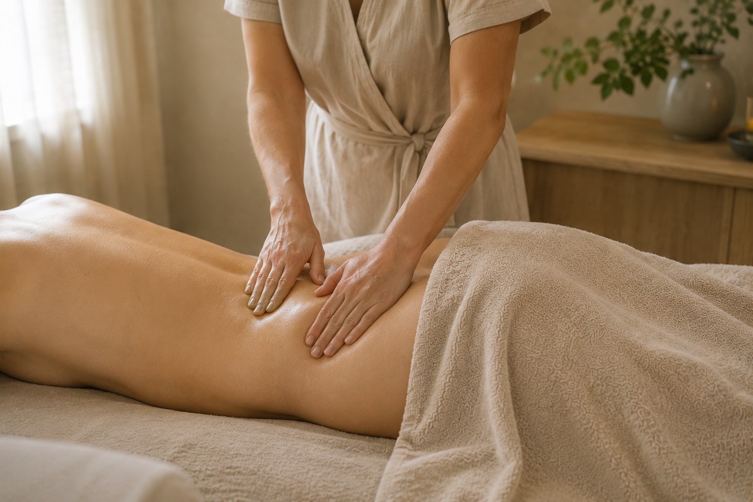 Un drainage lymphatique doux sur le dos, dans une pièce claire et calme