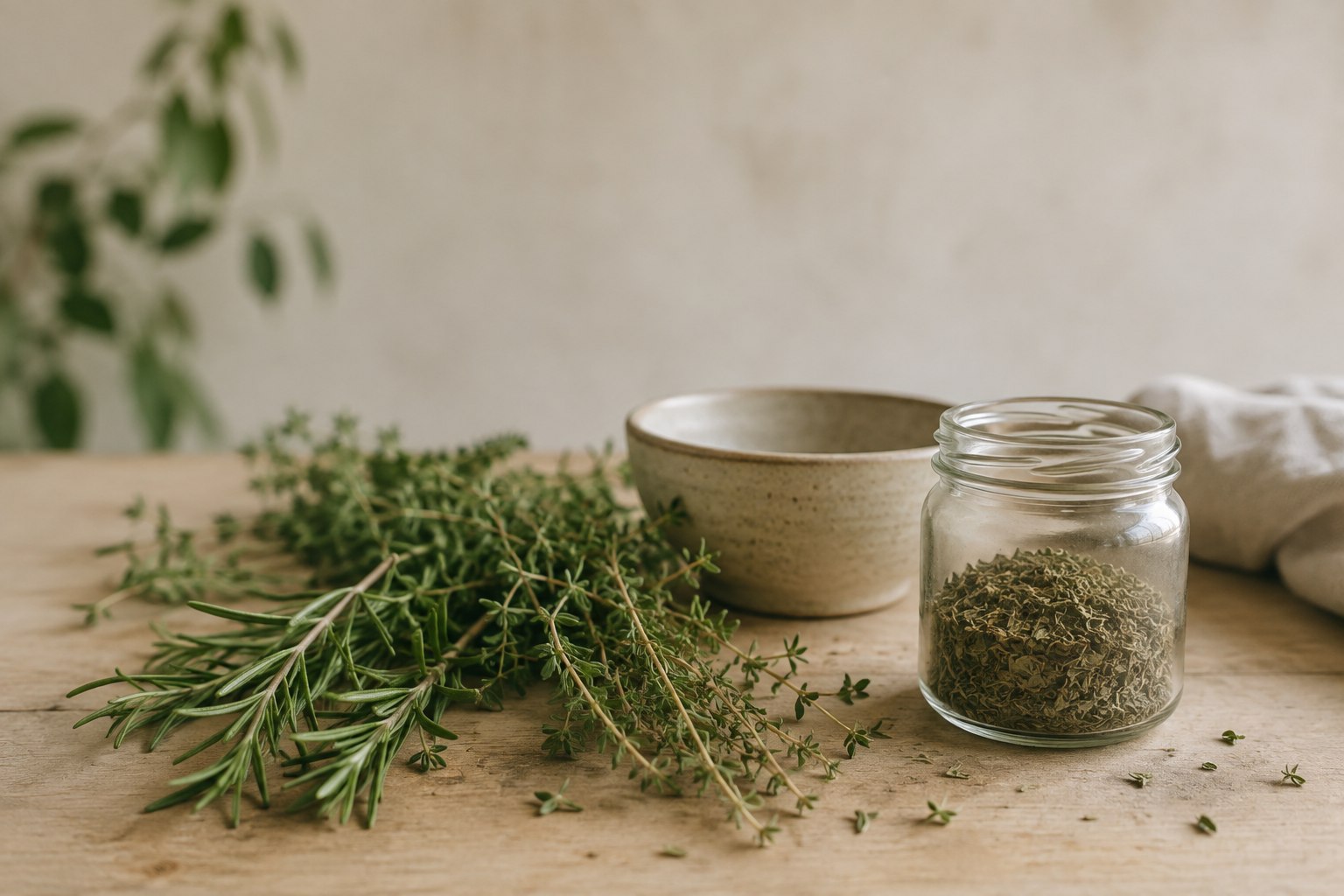Du romarin et du thym frais sur une table en bois, à côté d’un bol en céramique et d’un bocal de plantes séchées